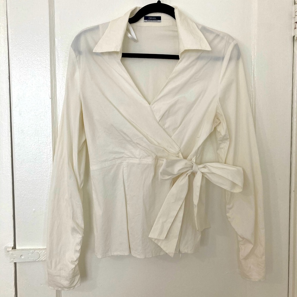 Tailored cotton wrap style bow blouse - Picture 1 of 3